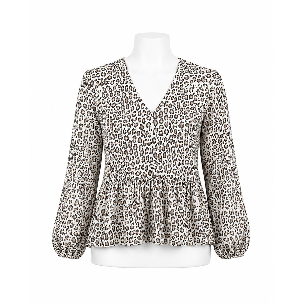 Nine West Blouse Womens XL Leopard Print Peplum Long Sleeve Top NWT